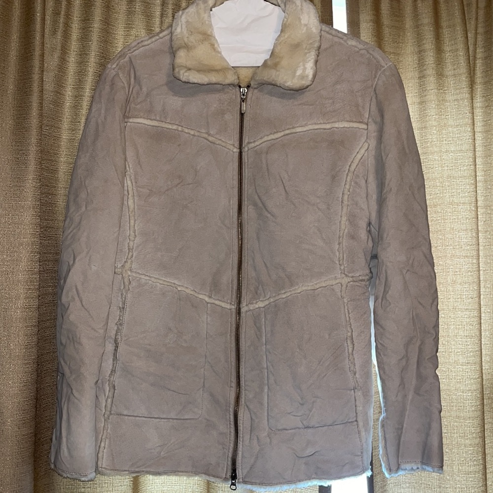 Massini Womens XL Leather with Fur Lining Zip Coat Cream/Taupe